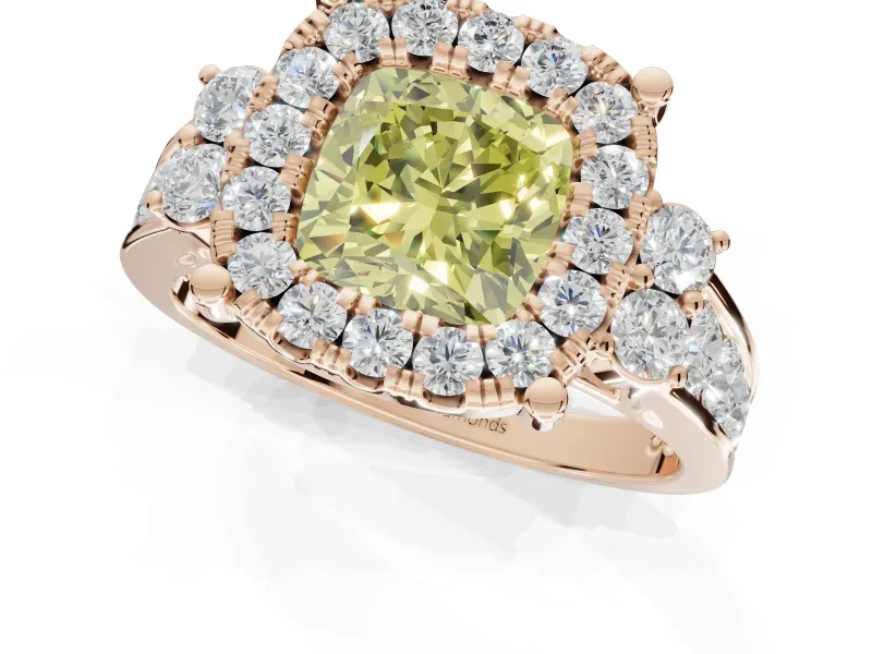 Cushion Cut Halo Engagement Ring Setting for a Fancy Yellow Lab-Grown Diamond | Graduated Channel Band | Rose Gold