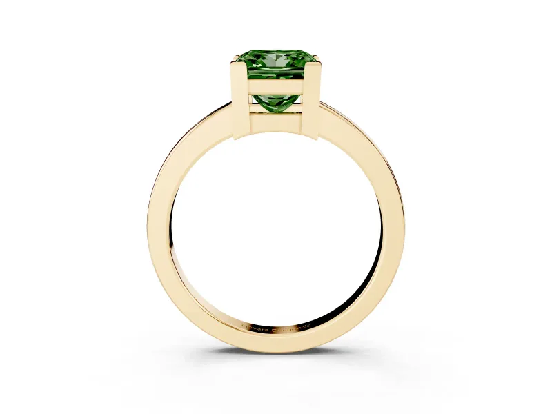 Fancy Green Princess Cut Diamond Solitaire Ring Set in Yellow gold with Prong Head and Smooth Polished Band