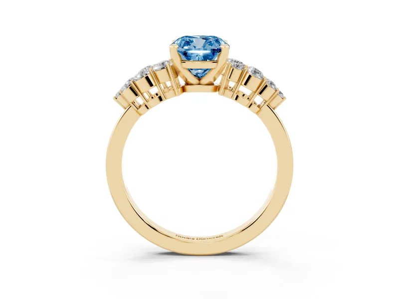 Fancy Blue Cushion Cut Diamond Cluster Engagement Ring Set in Yellow gold with Pavé Band and Prong Setting