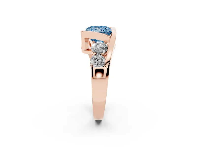 Fancy Blue Princess Cut Diamond Bezel Bypass Ring Set in Rose gold with Round Accents