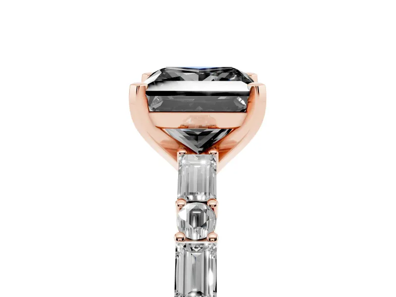 Fancy Black Princess Cut Diamond Solitaire Set in Rose gold with Side Baguettes and Channel Set Band
