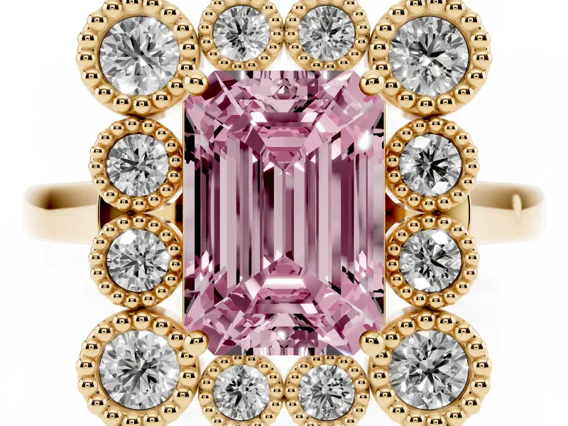 Emerald Cut Milgrain Cluster Halo Engagement Ring Setting for a Fancy Pink Lab-Grown Diamond | Plain Band | Yellow Gold