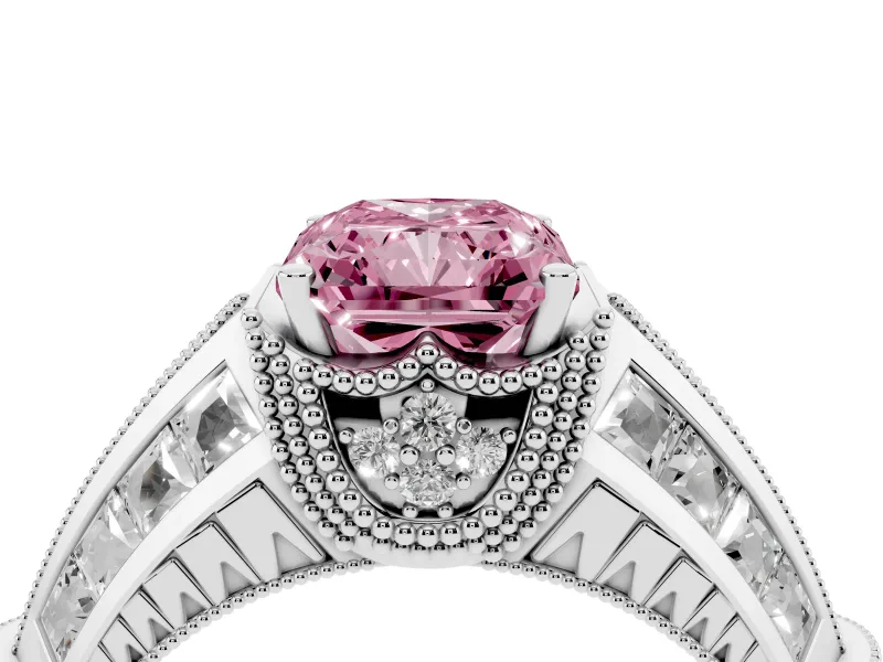 Fancy Pink Radiant Cut Diamond Vintage-Inspired Milgrain Ring Set in Platinum with Accent Split Shank