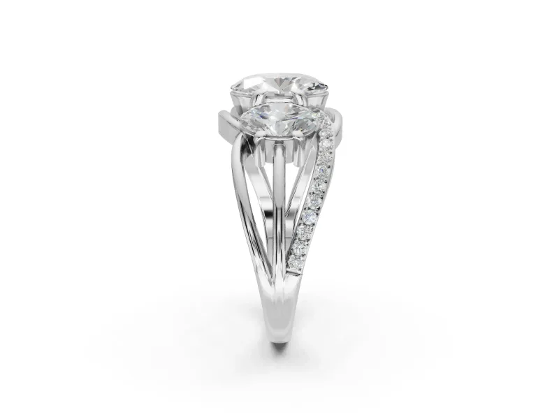 Oval Three Stone Split Shank Engagement Ring Setting | Matching Sides | White Gold