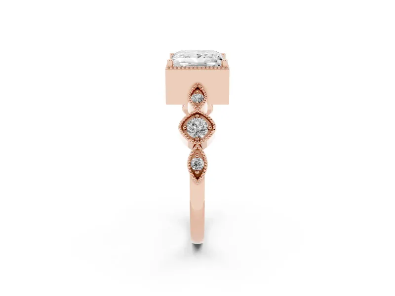 Princess Cut Diamond Vintage-Inspired Milgrain Ring Set in Rose gold with Marquise Stations of Round Accents