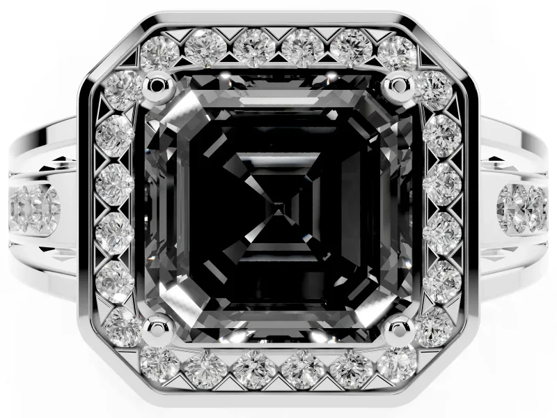 Fancy Black Asscher Cut Diamond Halo Ring Set in Silver with Pavé and Bezel Accent Split Shank