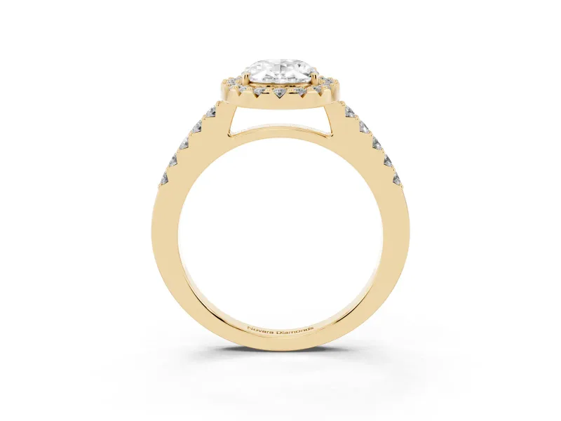 Oval Cut Diamond Halo Pavé Solitaire Ring Set in Yellow gold with Prong-Set Center Stone