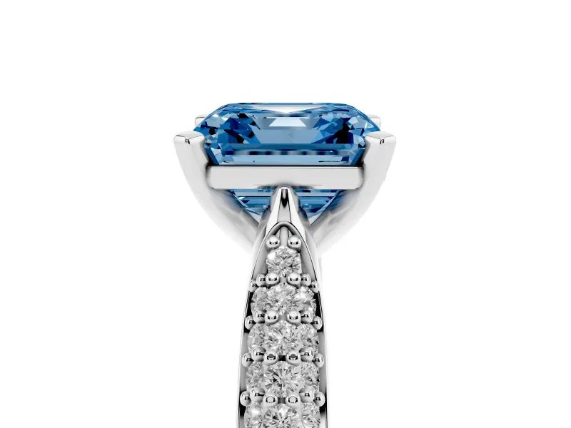 Fancy Blue Asscher Cut Diamond Solitaire Engagement Ring Set in Platinum with Multi-Row Round Pavé Band and Prong Setting