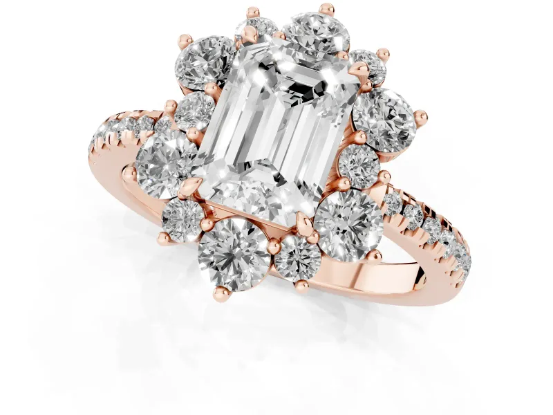 Emerald Cut Diamond Floral Halo Ring Set in Rose gold with Round Pavé Band and Prong Setting