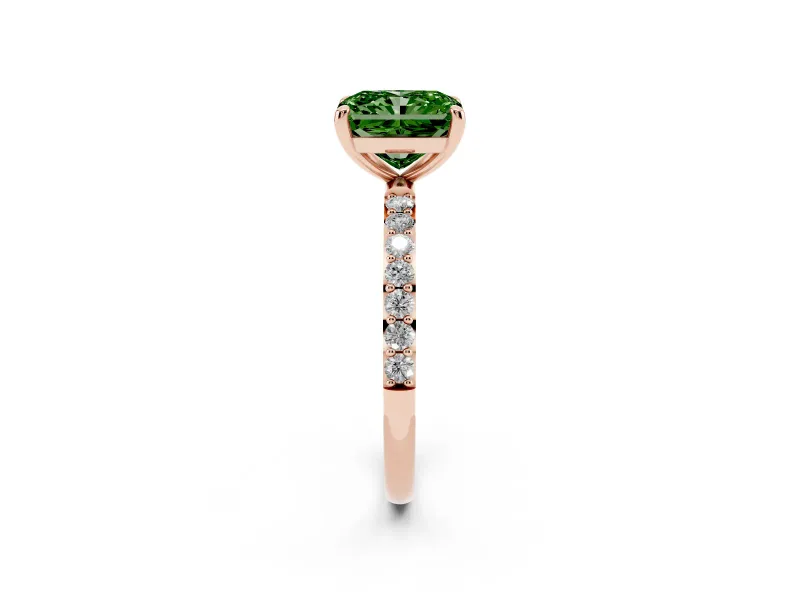 Fancy Green Radiant Cut Diamond Solitaire Ring Set in Rose gold with Round Pavé Band and Prong Setting