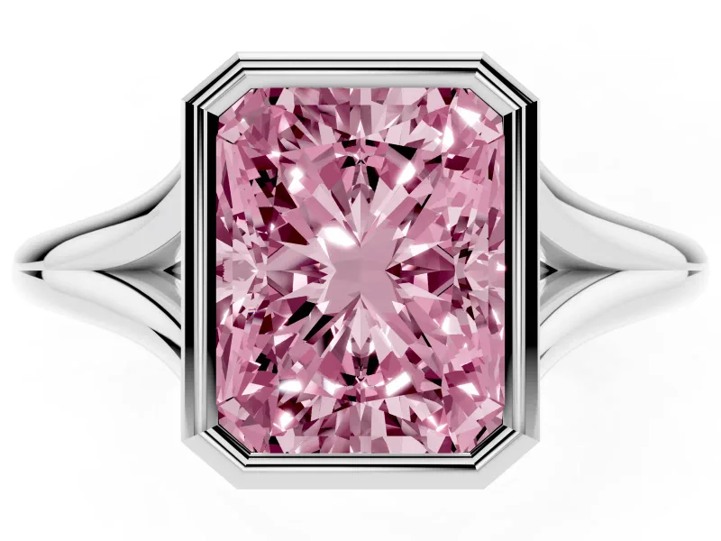 Fancy Pink Bezel Set Radiant Cut Diamond Solitaire Ring Set in Silver with Tapered Band