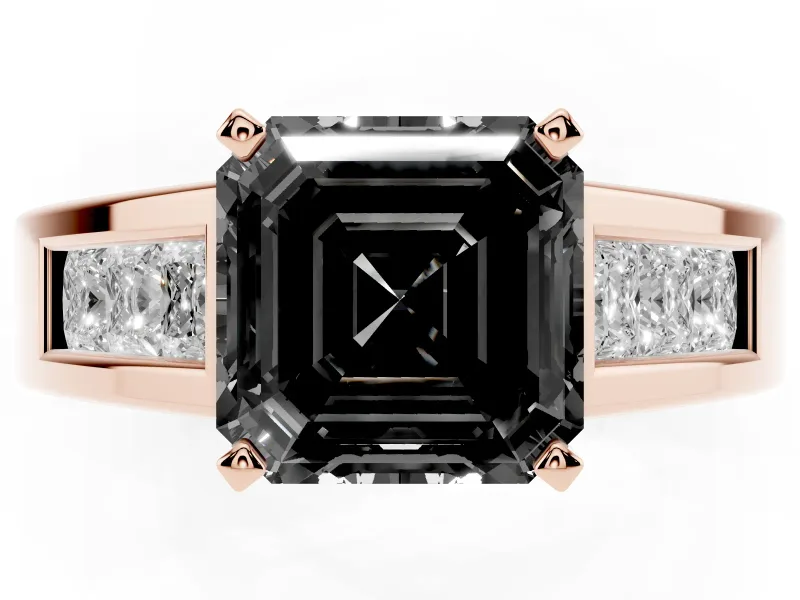 Fancy Black Asscher Cut Diamond Solitaire Ring Set in Rose gold with Channel-Set Accent Stones and Prong Setting