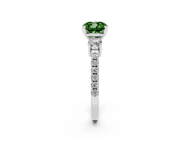 Fancy Green Three-Stone Cushion Cut Diamond Pavé Band Ring Set in Platinum with Prong Setting