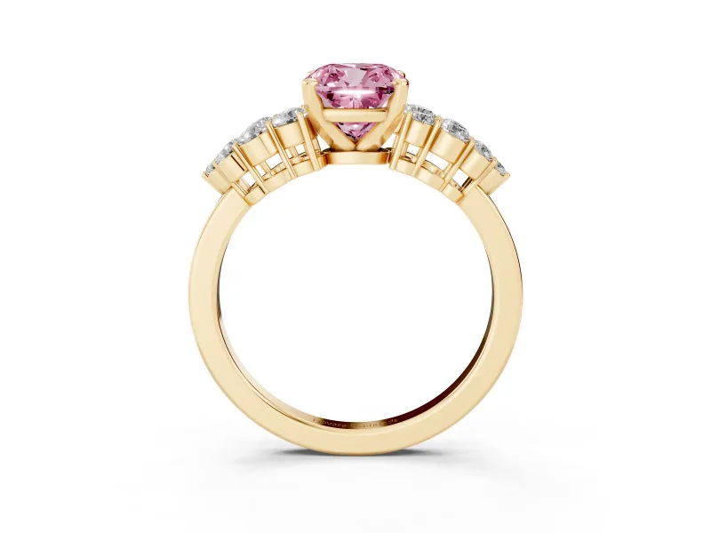 Fancy Pink Cushion Cut Diamond Cluster Engagement Ring Set in Yellow gold with Pavé Band and Prong Setting