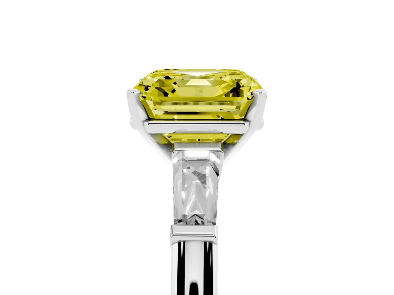 Asscher Cut Three Stone Engagement Ring Setting for a Fancy Yellow Lab-Grown Diamond | Tapered Baguettes | Platinum
