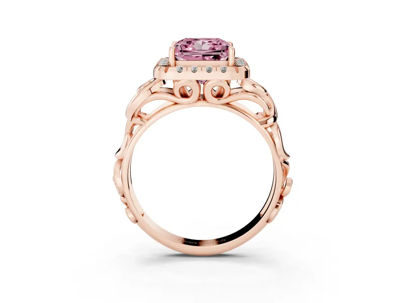 Princess Cut Filigree Halo Engagement Ring Setting for a Fancy Pink Lab-Grown Diamond | Rose Gold