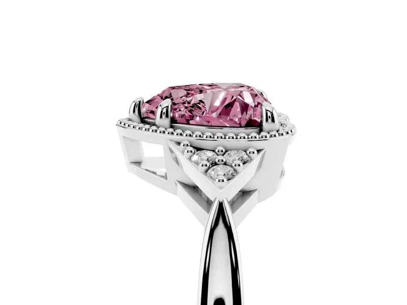 Fancy Pink Heart Cut Diamond Milgrain Solitaire Ring Set in Silver with Tapered Pavé Band and Prong Setting