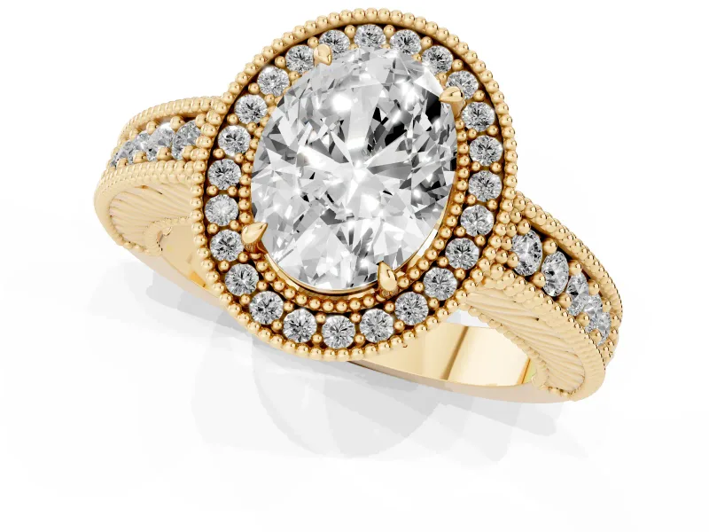 Oval Cut Diamond Halo Ring Set in Yellow gold with Round Accent Halo, Pavé Band and Prong Setting