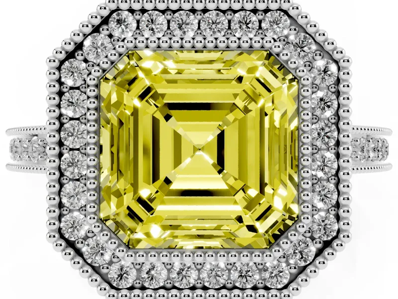 Fancy Yellow Asscher Cut Diamond Halo Ring Set in White gold with Pavé Band and Milgrain-Edged Prongs
