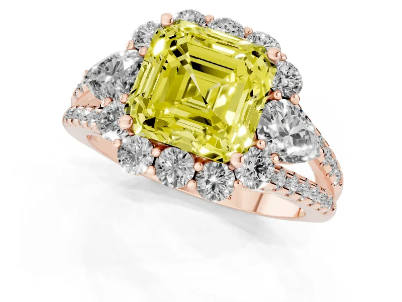 Asscher Cut Scalloped Halo Engagement Ring Setting for a Fancy Yellow Lab-Grown Diamond | Pear Side Stones | Rose Gold