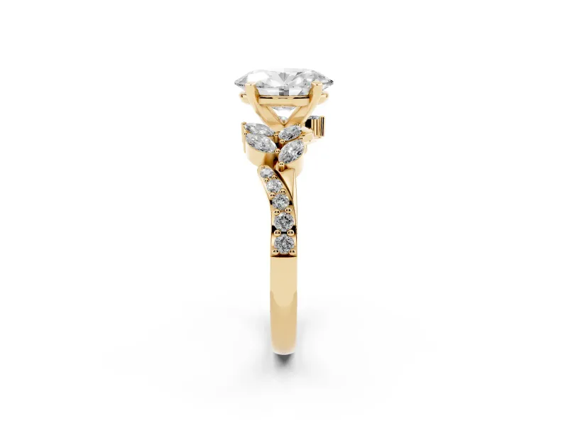Oval Cut Diamond Solitaire Ring Set in Yellow gold with Marquise Twist Band and Prong Setting