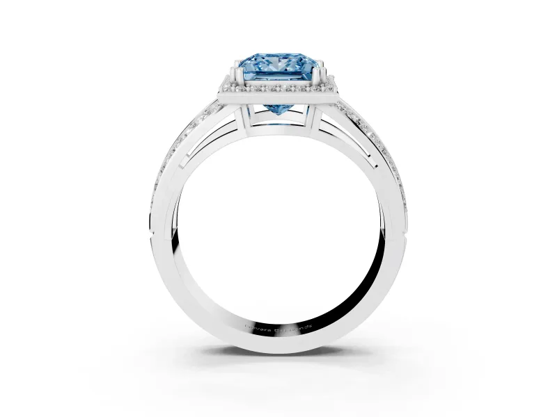 Princess Cut Halo Engagement Ring Setting for a Fancy Blue Lab-Grown Diamond | Two-Row Pave Split Shank | Platinum