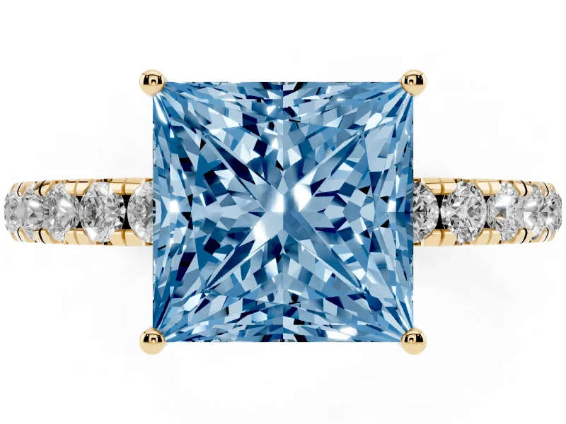 Princess Cut Pave Engagement Ring Setting for a Fancy Blue Lab-Grown Diamond | Shared Prong Band | Yellow Gold