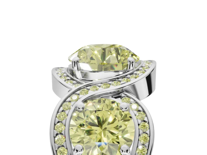 Round Three Stone Halo Engagement Ring Setting for a Fancy Yellow Lab-Grown Diamond | Pavé Wave Band | Platinum
