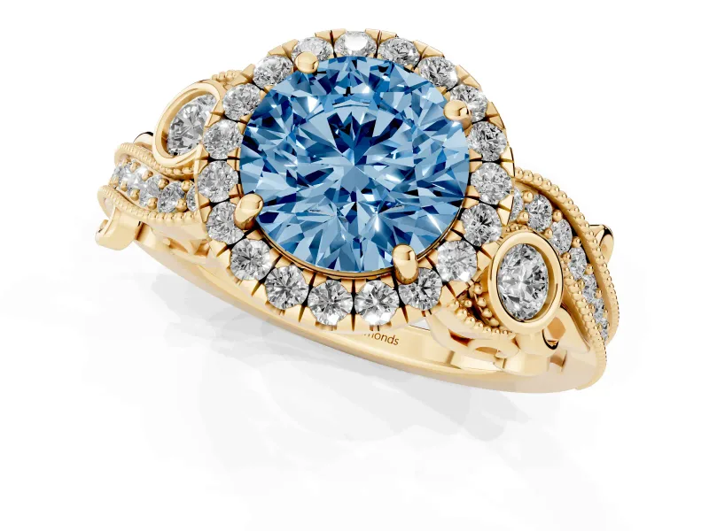 Fancy Blue Round Cut Diamond Halo Ring Set in Yellow gold with Milgrain Pavé Band and Prong Setting