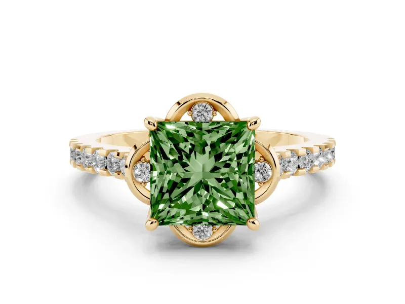 Fancy Green Princess Cut Diamond Solitaire Ring Set in Yellow gold with Pavé Band and Floral Prong Setting