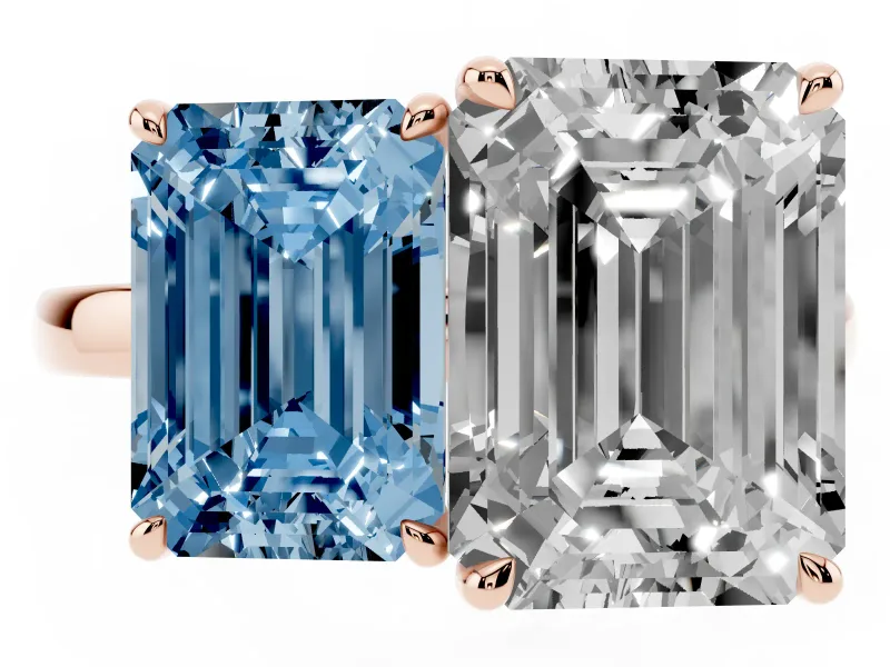 Fancy Blue Emerald Cut and Emerald Cut Toi Moi Ring Set in Rose gold with Prong Setting