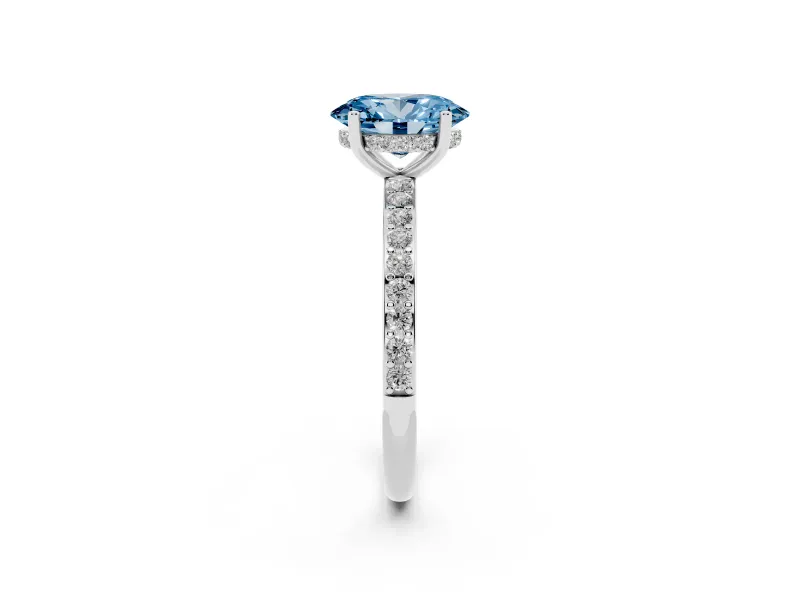 Fancy Blue Oval Cut Diamond Pavé Band Ring Set in White gold with Prong-Set Center Stone