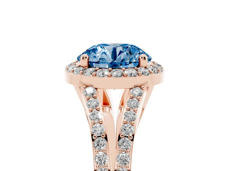 Round Halo Engagement Ring Setting for a Fancy Blue Lab-Grown Diamond | Pave Split Shank | Rose Gold