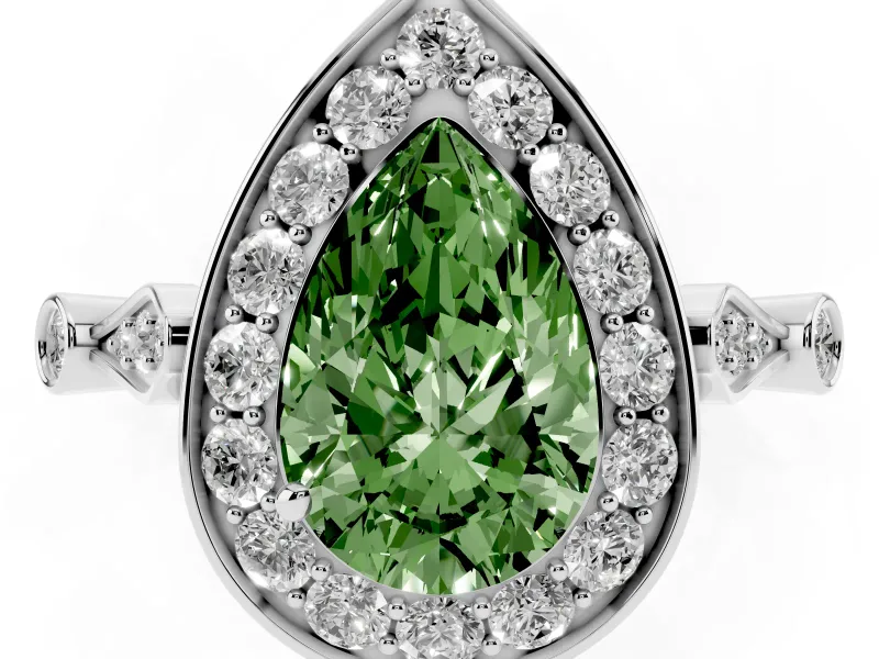 Fancy Green Pear Cut Diamond Halo Engagement Ring Set in Platinum with Twisted Band and Prong Setting