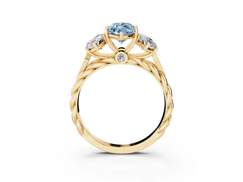 Fancy Blue Marquise Cut Diamond Three-Stone Ring Set in Yellow gold with Braided Band