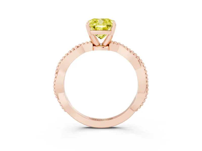 Fancy Yellow Cushion Cut Diamond Solitaire Ring Set in Rose gold with Twisted Band and Bead Prong Setting