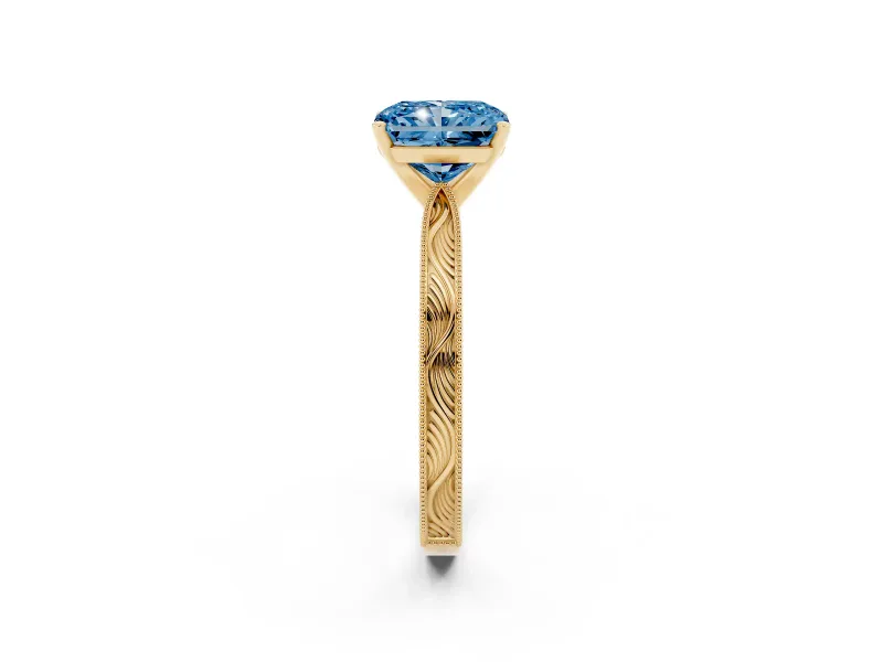 Radiant Cut Engraved Engagement Ring Setting for a Fancy Blue Lab-Grown Diamond | Yellow Gold