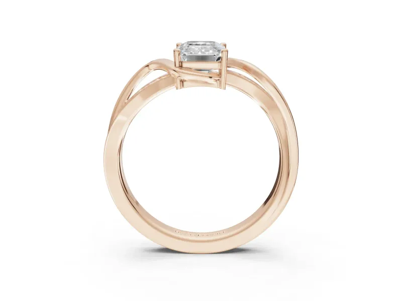 Emerald Cut Bypass Solitaire Engagement Ring Setting | Pavé and Plain Strands | Rose Gold