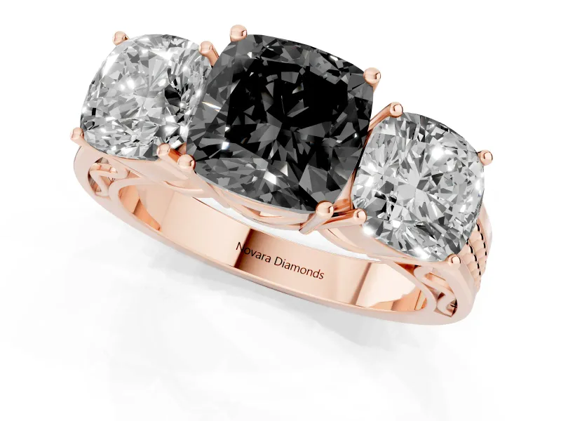 Fancy Black Cushion Cut Diamond Three-Stone Ring Set in Rose gold with Textured Band