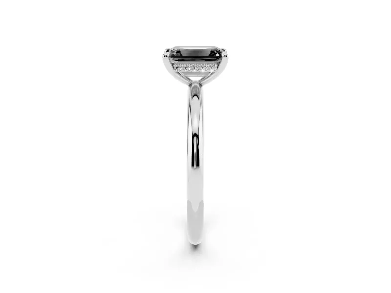 Fancy Black Emerald Cut Diamond Solitaire Ring Set in White gold with Thin Band and Prong Setting