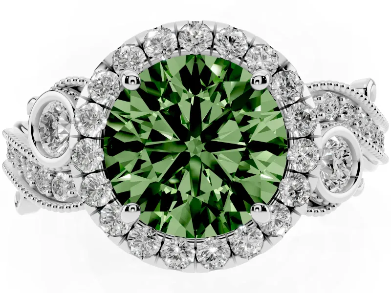 Round Vintage Halo Engagement Ring Setting for a Fancy Green Lab-Grown Diamond | White Gold