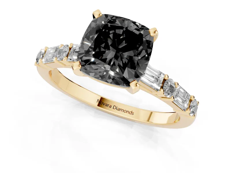 Cushion Cut Baguette Side Stone Engagement Ring Setting for a Black Center | Yellow Gold