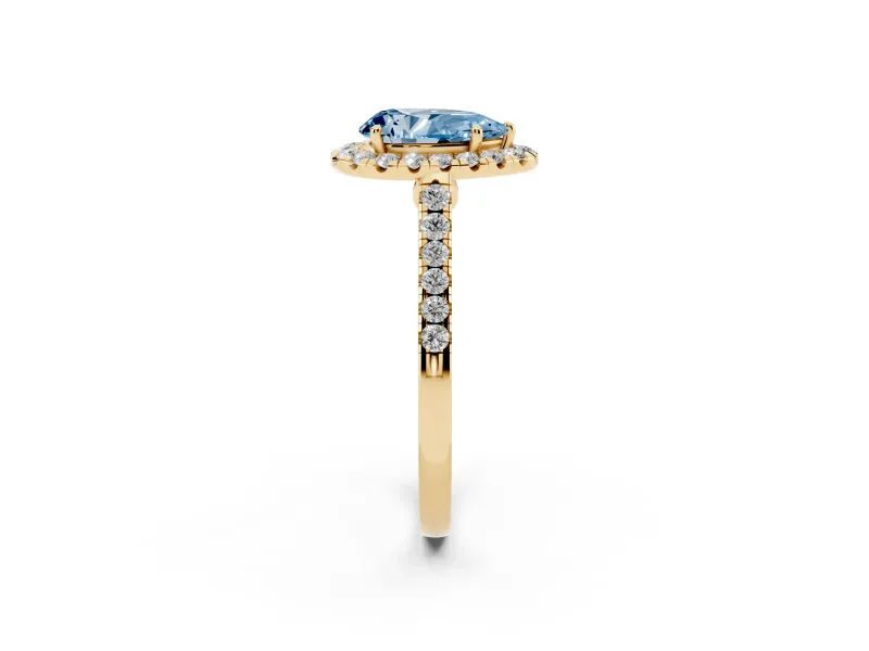 Pear-Shaped Halo Engagement Ring Setting for a Fancy Blue Lab-Grown Diamond | Pave Shoulders | Yellow Gold