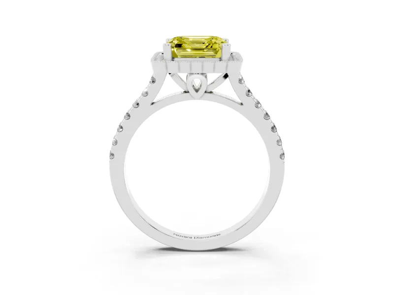 Fancy Yellow Asscher Cut Diamond Milgrain Floral Halo Engagement Ring Set in Platinum with Pavé Band
