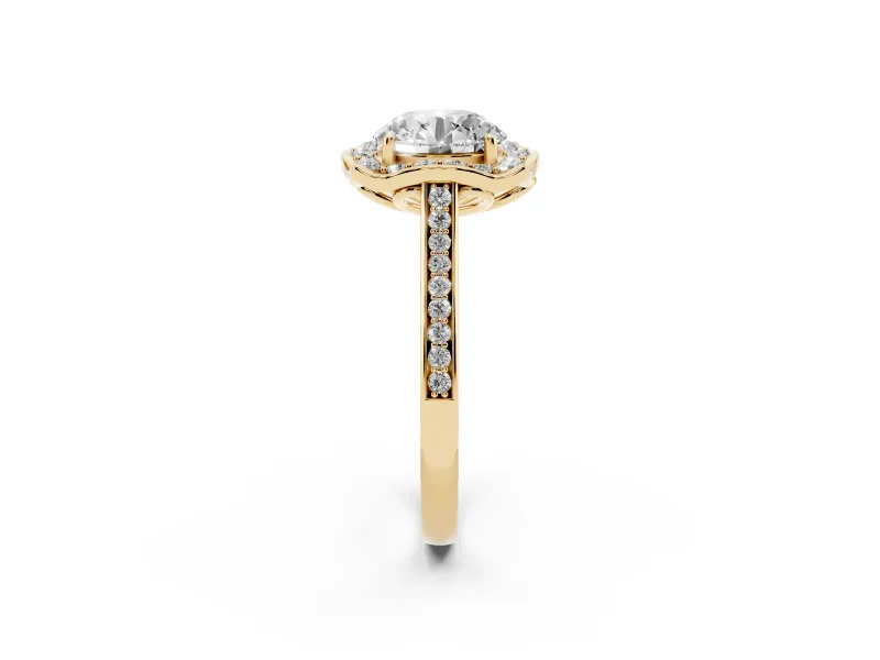 Round Petal Tip Halo Engagement Ring Setting | Single Row Pavé Band | Yellow Gold