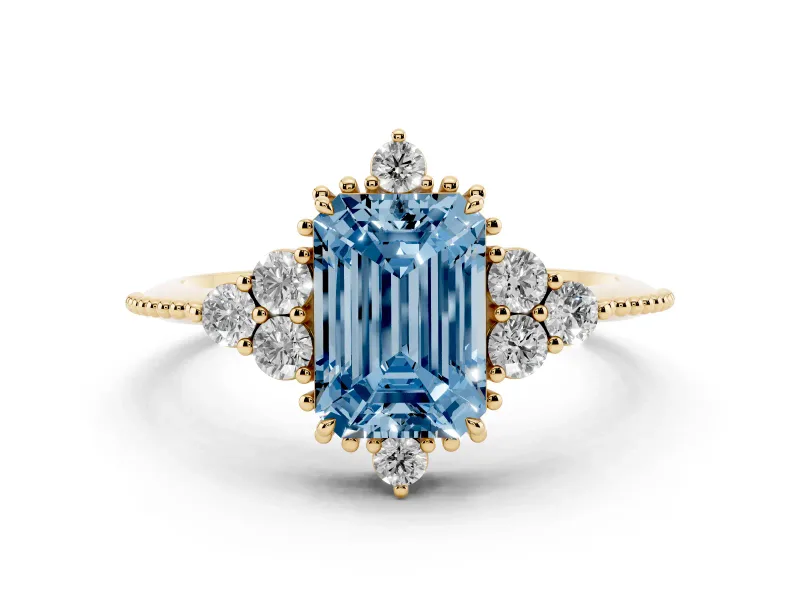 Fancy Blue Emerald Cut Diamond Cluster Ring Set in Yellow gold with Beaded Band
