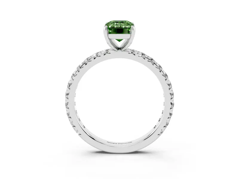 Fancy Green Emerald Cut Diamond Pavé Solitaire Ring Set in Platinum with Round Band and Prong Setting