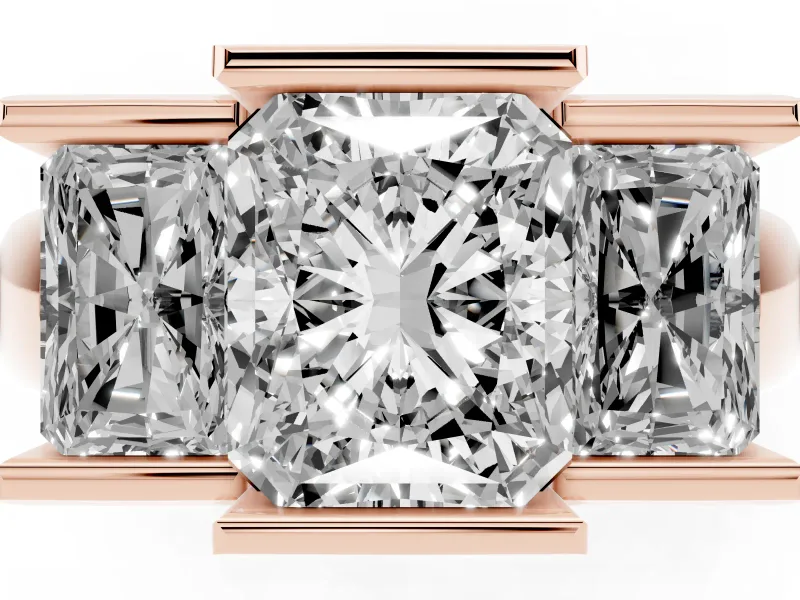 Radiant Cut Channel-Set Three Stone Engagement Ring Setting | Wide Flat Band | Rose Gold