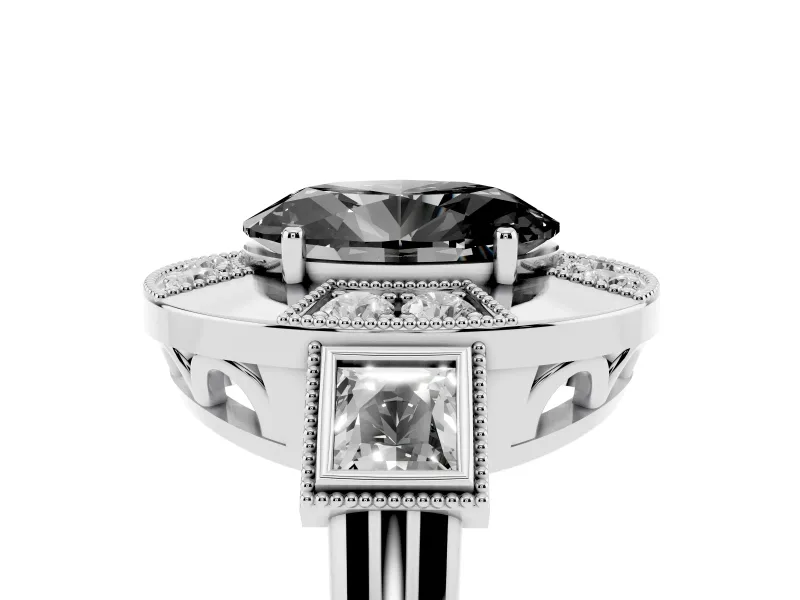 Fancy Black Oval Cut Diamond Milgrain Halo Ring Set in White gold with Split Shank