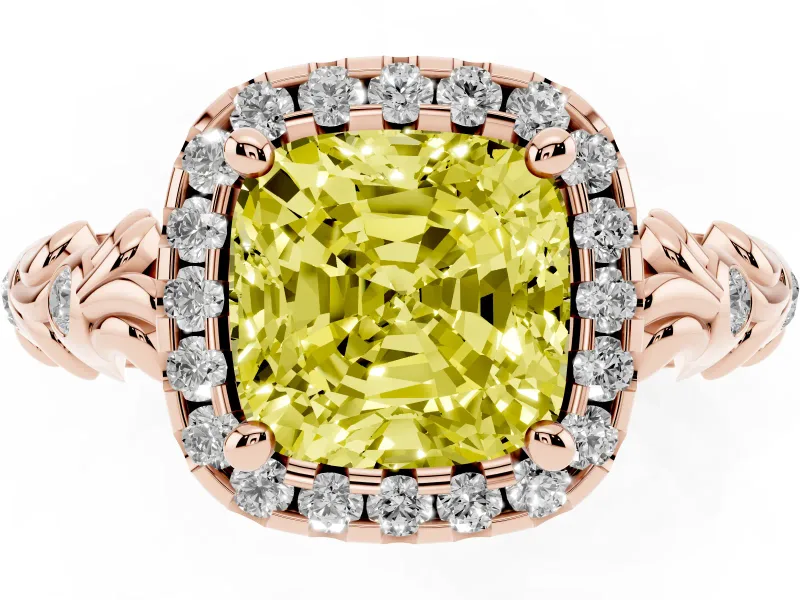 Cushion Cut Leaf Halo Engagement Ring Setting for a Fancy Yellow Lab-Grown Diamond | Bezel Accents | Rose Gold